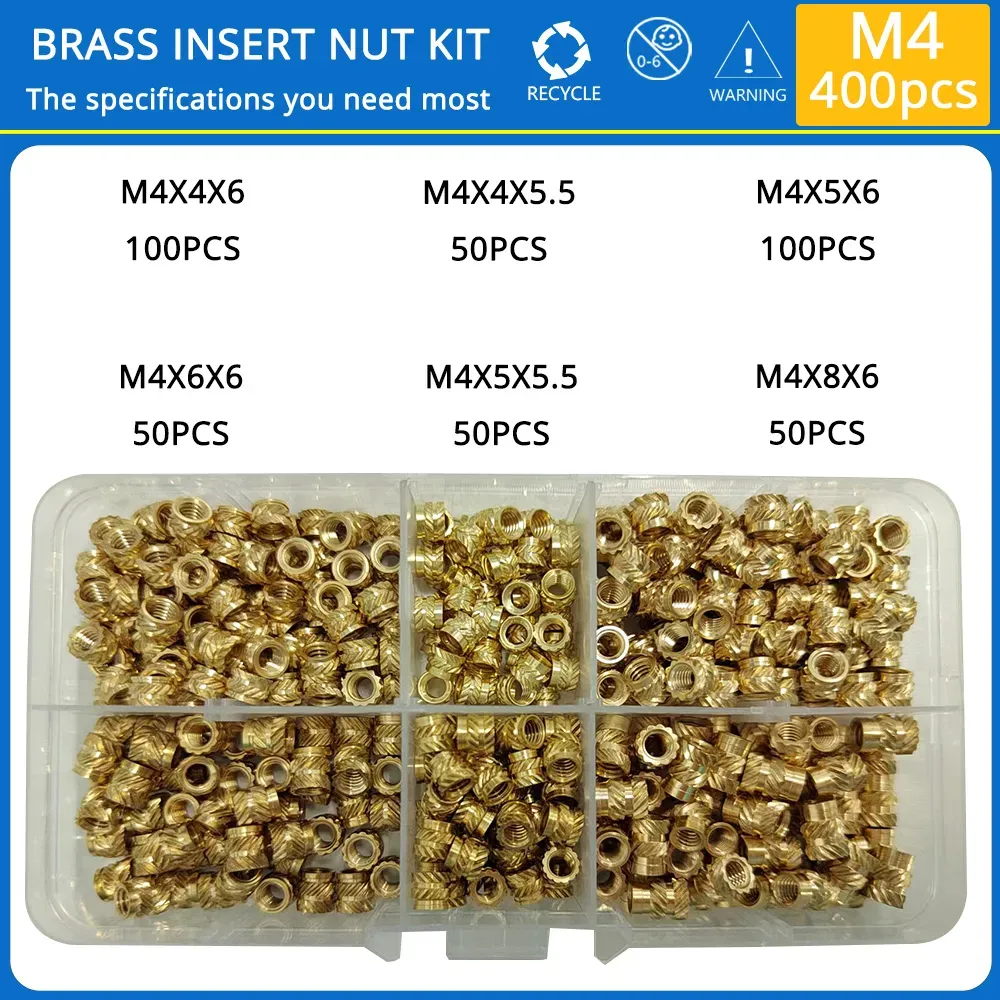 Brass Threaded Inserts Nut, M3 Metric Knurled Heat Set, Assortment Kit For Plastic 3D Printer Parts, 100Pcs