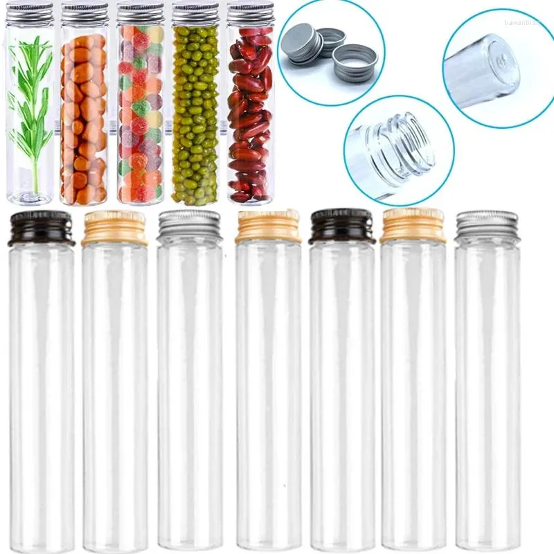 Bouteilles de stockage 10 pièces 50-110ml Tubes à essai en plastique transparent bouteille avec bouchons à vis en aluminium pour bonbons épices fleurs séchées fête faveurs décor