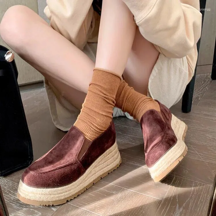 Casual Shoes Handmade Straw Platform Flats Slip On Brown Suede Sneakers Black Tenis 2024 Zapatillas Femmes Lady Loafers