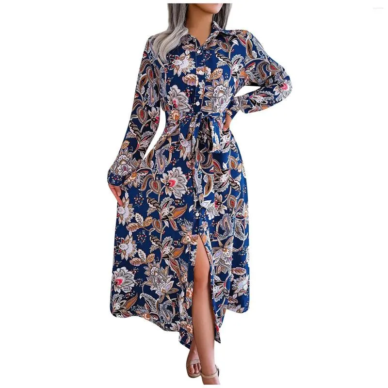 Casual Dresses Women'S Fashion Dsolid Color V-Neck Vintage Flowers Long Sleeve Dress Elegant And Pretty Official Store