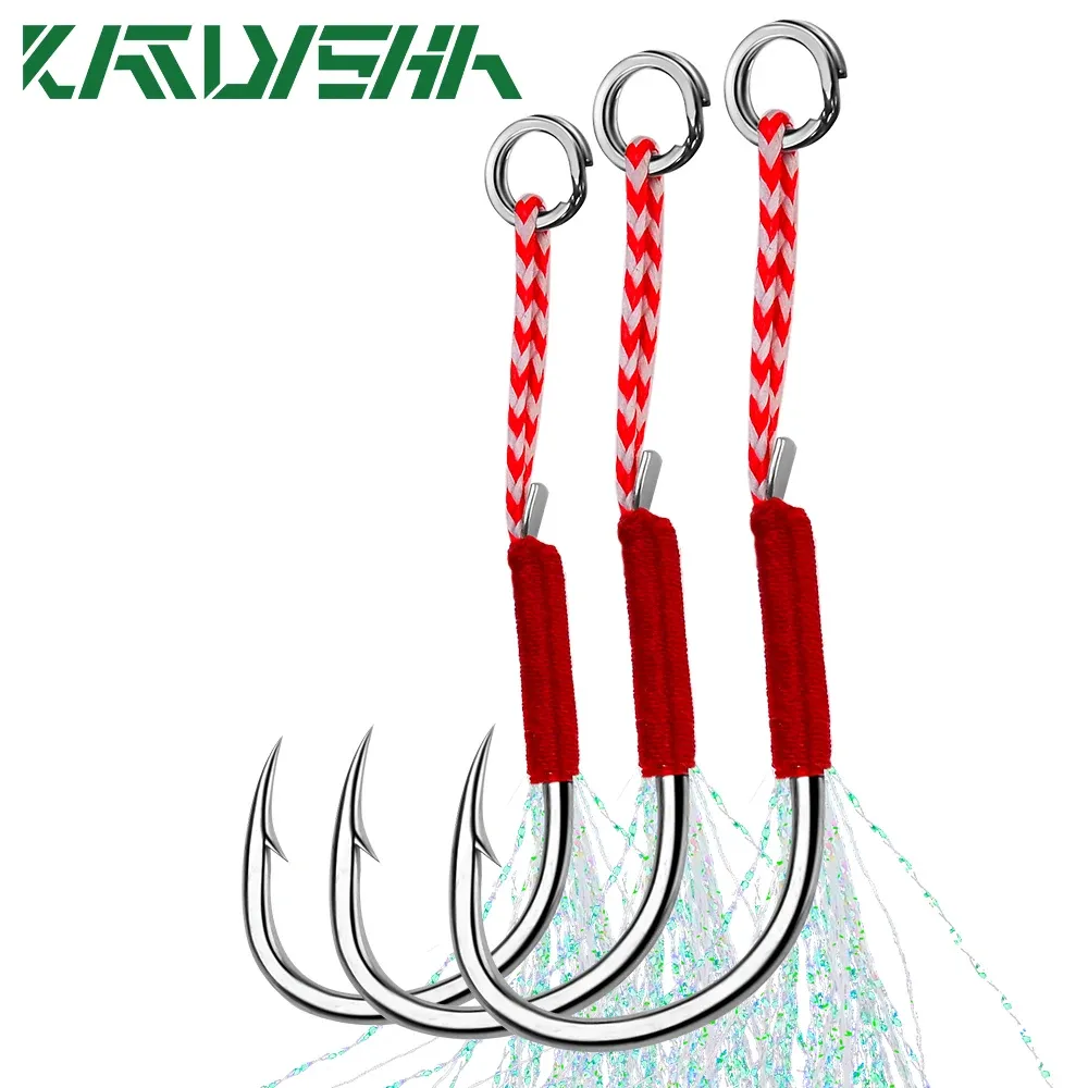 Fishhooks Katyusha 50st/Lot Jig Head Fishhooks 1113151617181920# Cast Jigging Assist Fishing Hooks with Feather Barbed Hooks