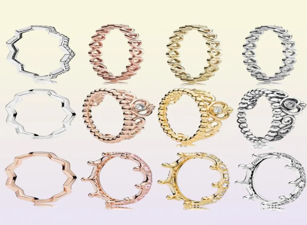 Ny 925 Sterling Silver Ring Classics Openwork Länkad kärlek Hjärtprinsessan Tiara Royal Crown Ring for Women Gift Jewelry2644290