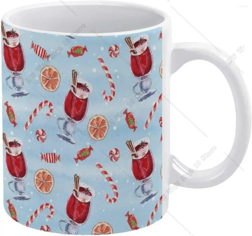 Mugs Watercolor Christmas Mug Mulled Wine Candy Canes Coffee Ceramic Drinking Cup With Handle 11oz For Home Gift