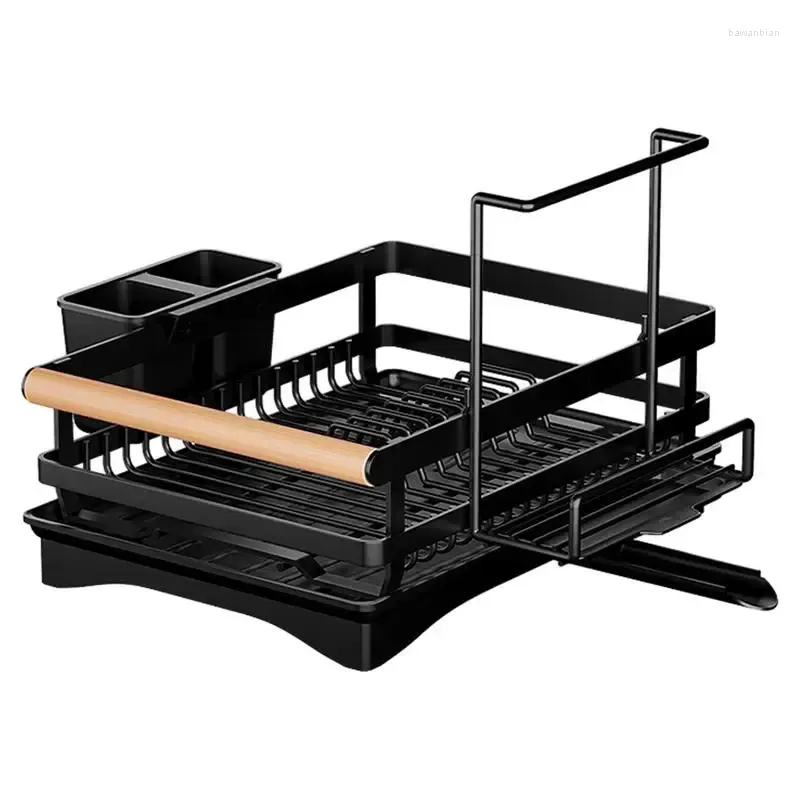 Kitchen Storage Dish Drying Rack Sink Carbon Steel Drainer With Drainboard Bowl Drain Basket