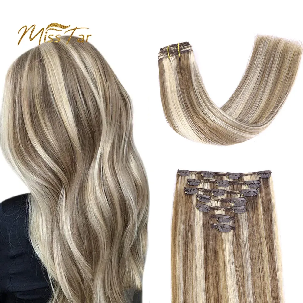 Estensioni Remy Clip nelle estensioni dei capelli Lisci invisibili Ombre Biondo dorato Capelli naturali Estensioni umane con clip 1424 pollici 120G