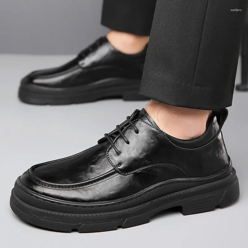Casual Shoes Leather Men Lace Up High Sole Platform Business Office Black Fashion Dress Formal Wedding Party Oxfords