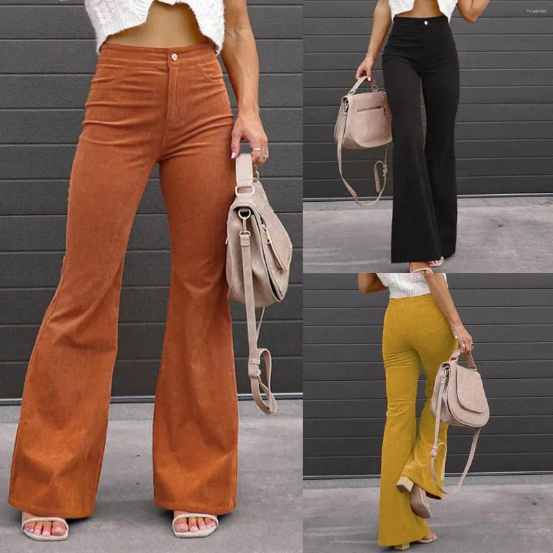 Women's Pants Autumn Winter Solid Mid Waist Slim Fit Bell Bottoms Trousers Corduroy Japanese Y2k Casual Pantalones De Mujer