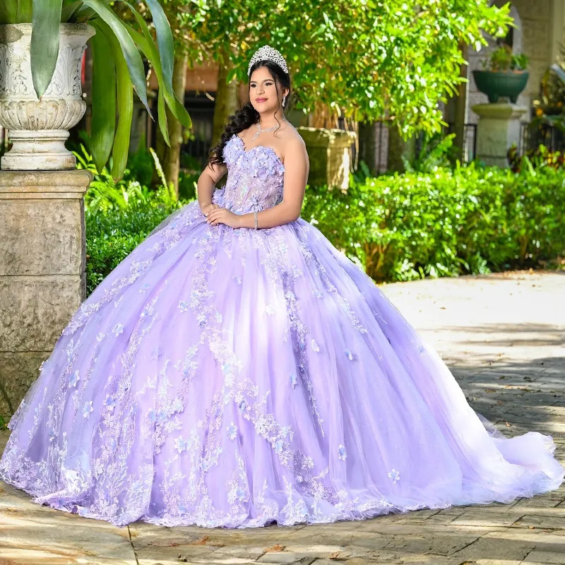 Lavendel-Flieder, schulterfrei, Quinceanera-Kleid, Spitze, Perlenstickerei, Tüll, mexikanisch, Sweet 16, Vestidos De XV, 15 Jahre, Geburtstag