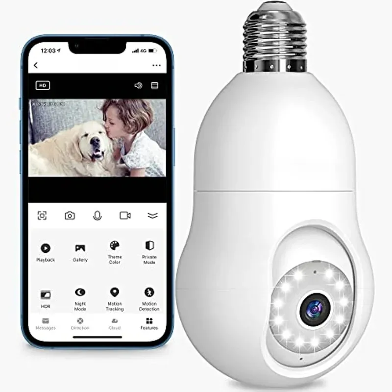 2024 4MP -glödlampa Säkerhetskamera 2.4 GHz 360 ° 2K Säkerhetskameror WiFi utomhus i full färg rörelse detektering kompatibel med Alexa Proy