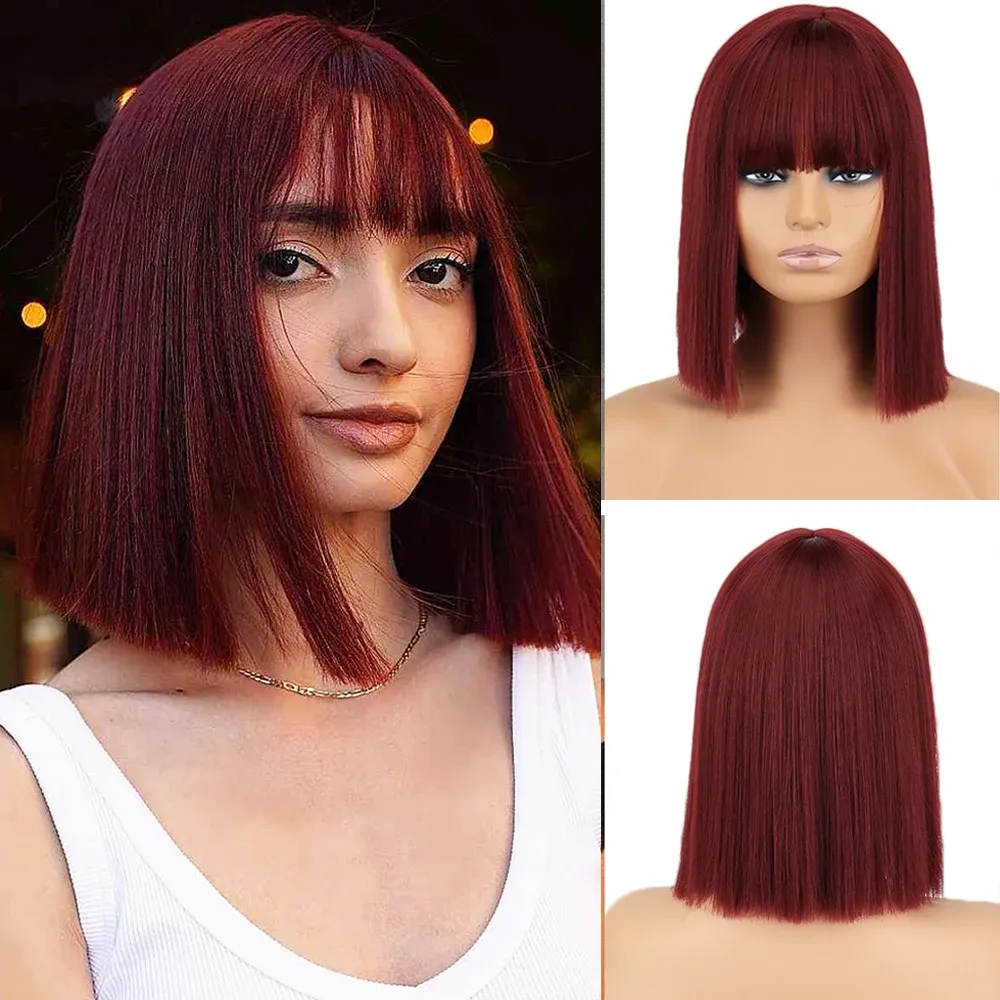 Perruques courtes courte bob avec frange perruques synthétiques pour les femmes rouges noirs rose bleu bleu orange résistant à la chaleur lolita coiffure de fête