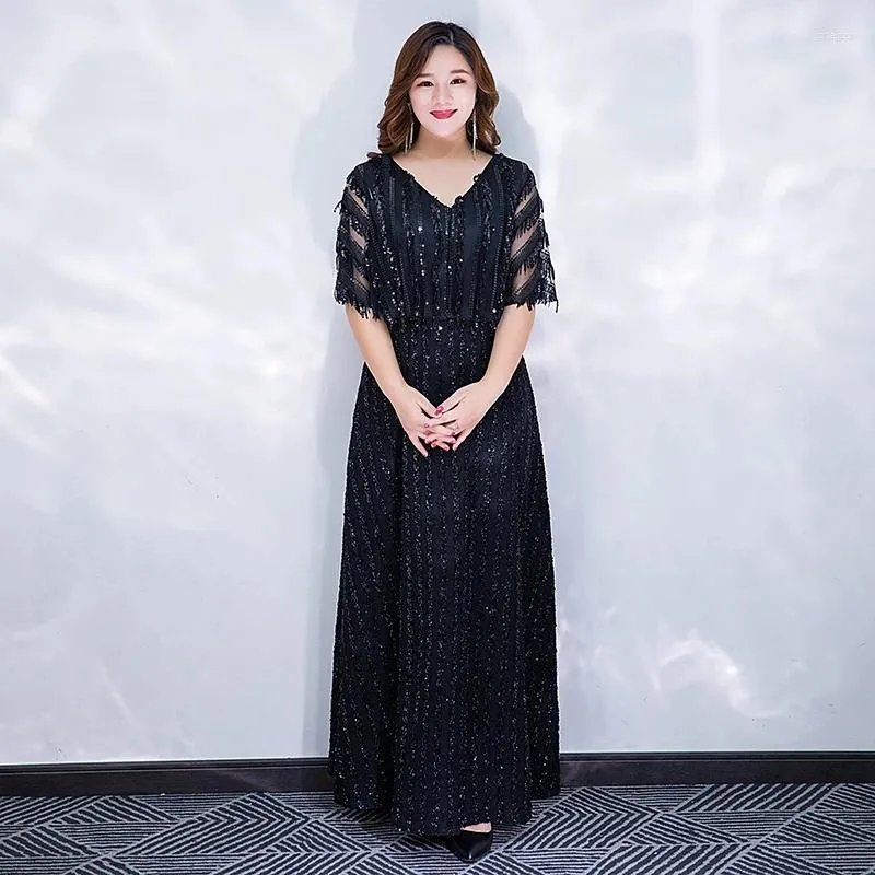 Party Dresses Black Sequins A-Line Evening V-Neck Lace Half Sleeve Women Dress Ankle-length Simple Plus Size Formal Gowns D410