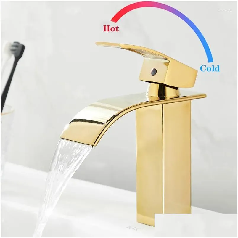 Badezimmer Waschbecken Wasserhähne Wasserfall Becken Wasserhahn Deck montiert Edelstahl gebürstet Gold Wasserhahn Kaltwassermischer Vanity Vessel Drop Deliv Dh7Lh