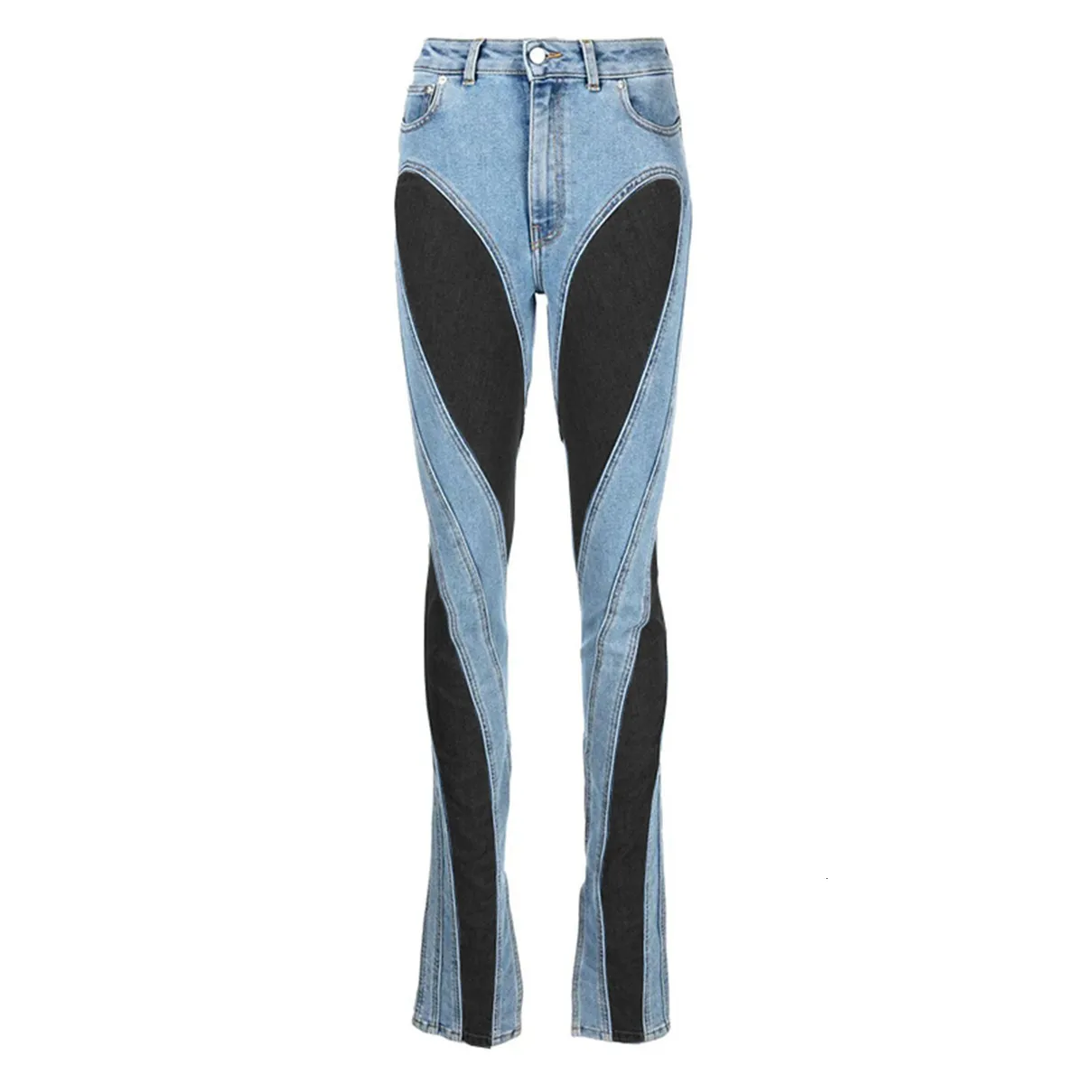 Klein publiek ontwerp gevoel deconstructiestijl contrasterende kleur jeans voor dames in de herfst van 2023 sexy hete meiden tonen dunne lange benen en broek met hoge taille 230511