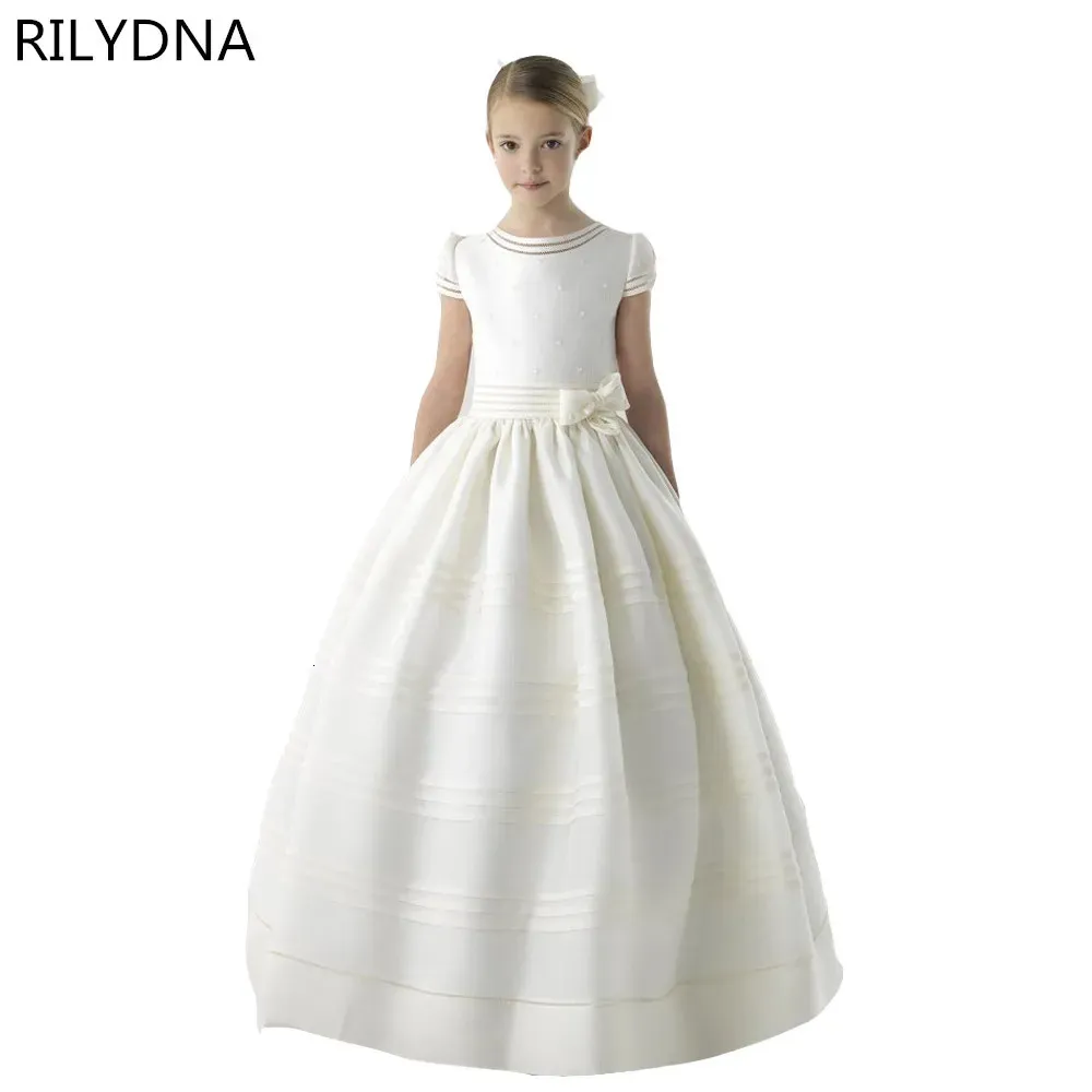 Arrival Flower Girl Dress First Communion Dresses For Girls Short Sleeve Belt With Flowers Customized 240325