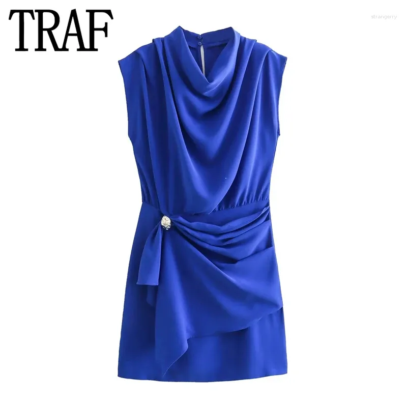 Abiti casual blu corti da donna mini abito senza maniche pieghettato da donna avvolgente festa estiva formale semplice ed elegante