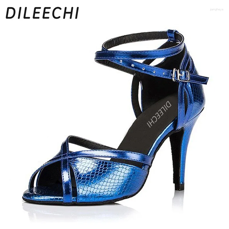 Dance Shoes DILEECHI Women's Blue PU Latin Soft Outsole Square Professional Female Ballroom Dancing 8.5cm