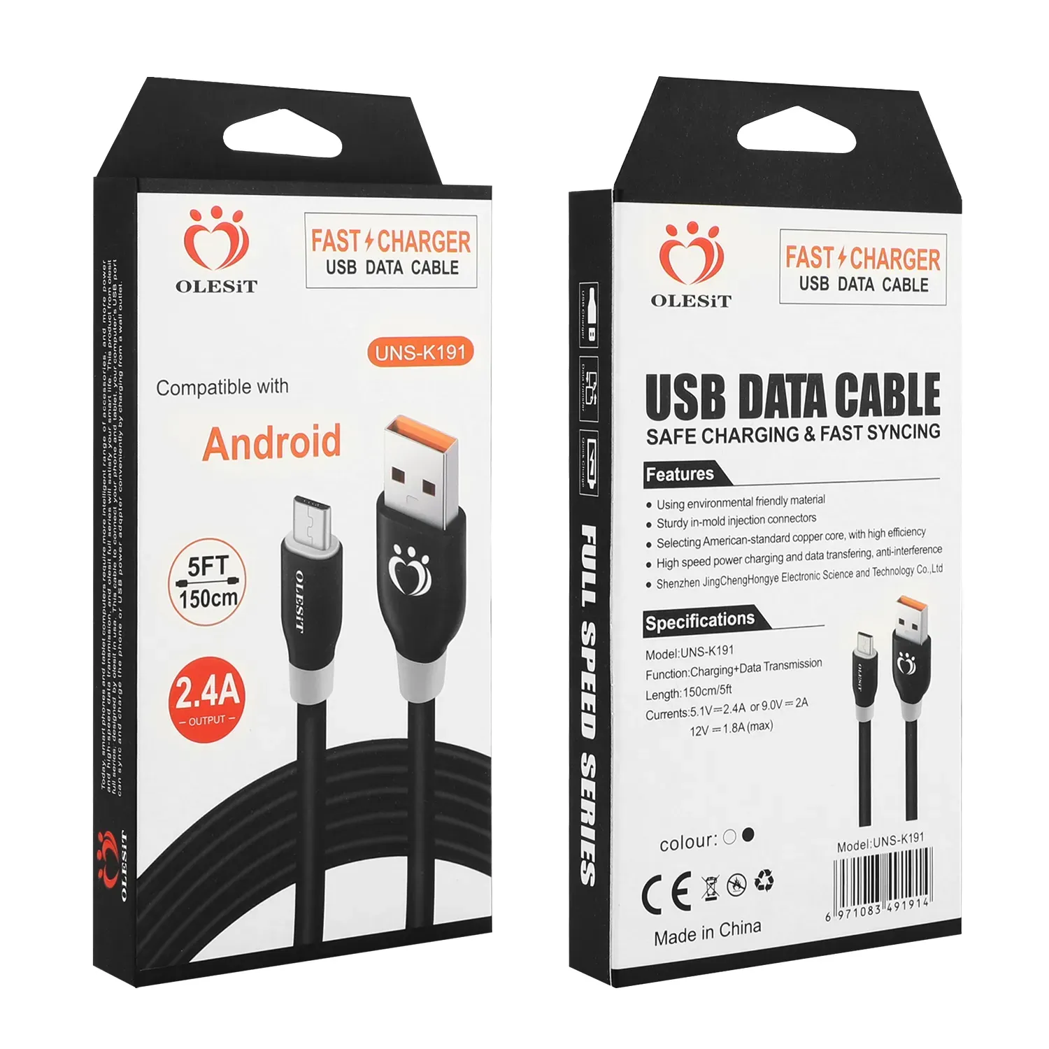 Olesit cables 1.5m 5ft  10FT OD5.0 bold fast  Micro USB Data type-c cable for samsung  with retail box