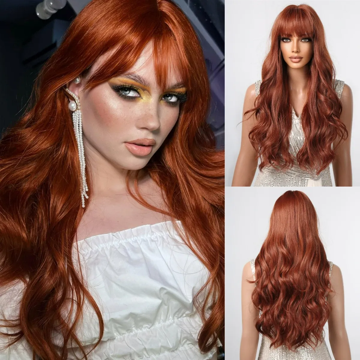 Wigs Long Red Brown Wave Synthetic Wig Natural Looking Cooper Wigs with Bangs for Afro Women High Temperature Fake Hair High Quality