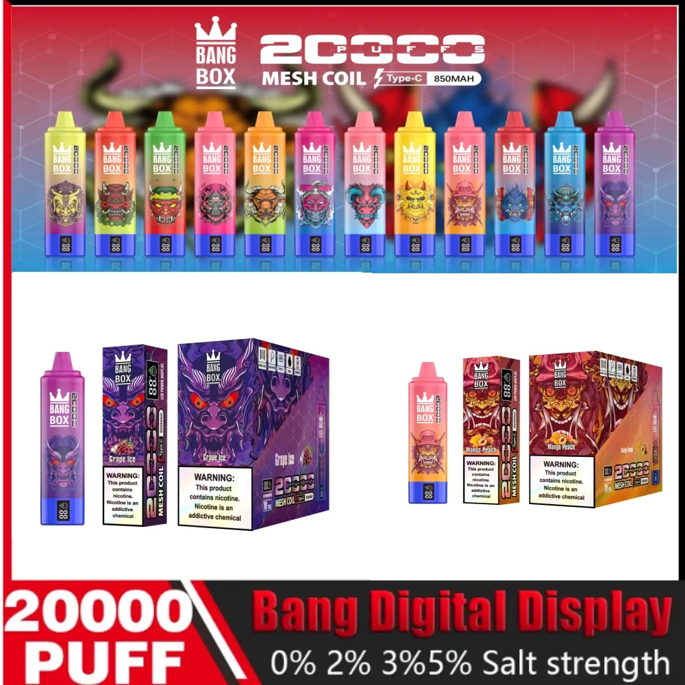 wegwerp vapes Bang box Puff 20000 E-sigarettenkit 20K soezen Wegwerp vape-pen Mesh Coil Oplaadbare 650mAh batterij Vapers 0% 2% 3% 5% 16 kleuren Vaporizers DUAL MESH