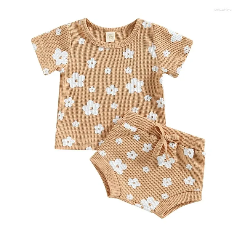 Zestawy odzieżowe Urodzone niemowlę dziewczynki Ubranie wdafinowe waflowe kwieciste koszulki Klątne krótkie krótkie