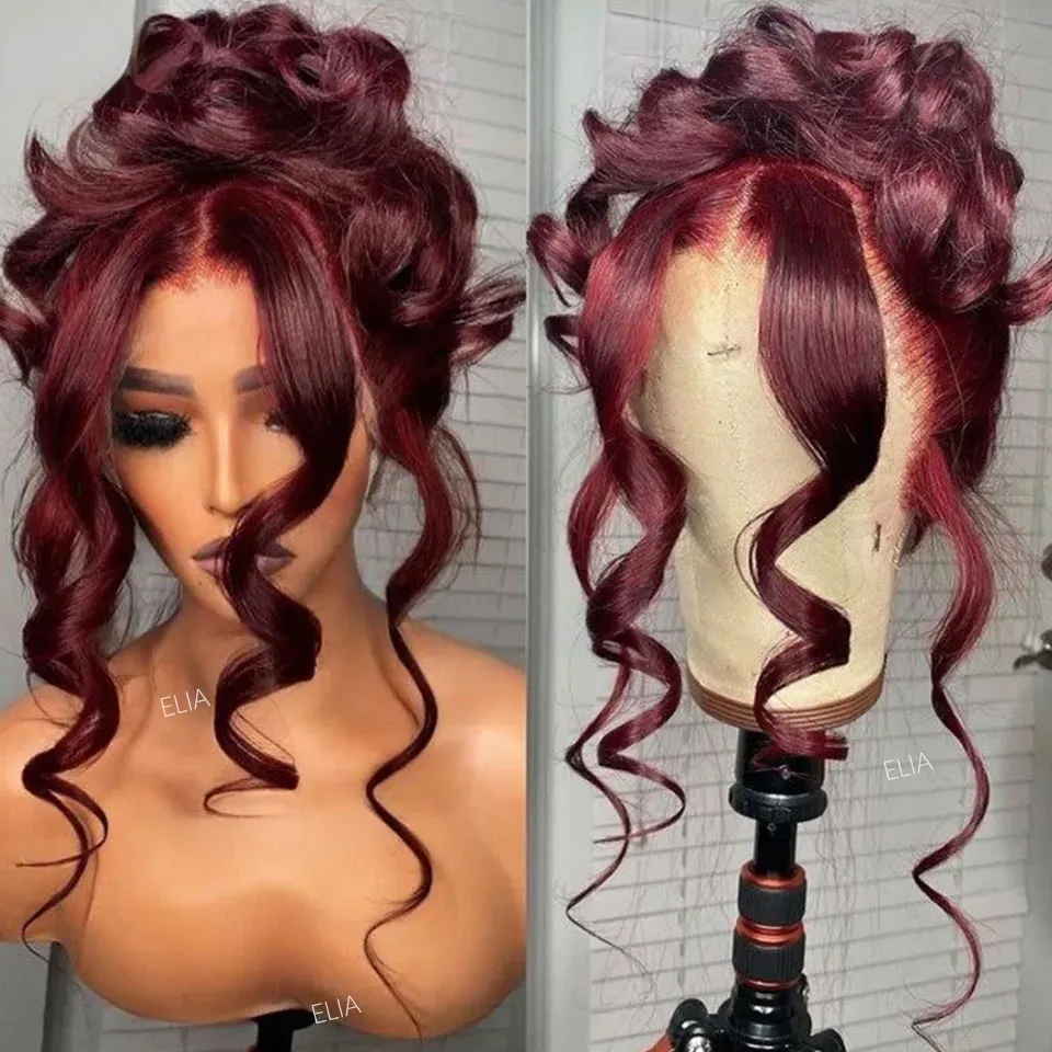 Peruki Brazylijskie wino burgundowe czerwona koronkowa przednia peruka 360 koronkowa frontalna peruka ludzkich włosów przezroczystą koronką koronką syntetyczną perukę dla kobiet p