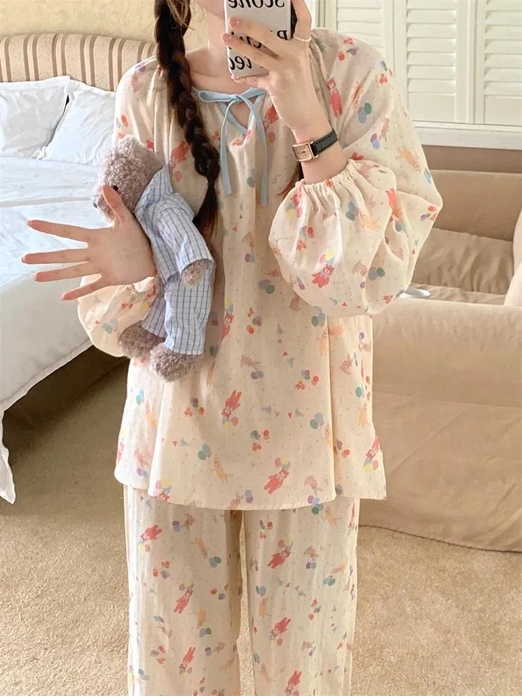 Home Clothing Cartoon Lace Print Sweet Cute Spring Korean Long Sleeve Pajama Set Women Loose Elegant Sleepwear Bow Tie Comfortable Ins