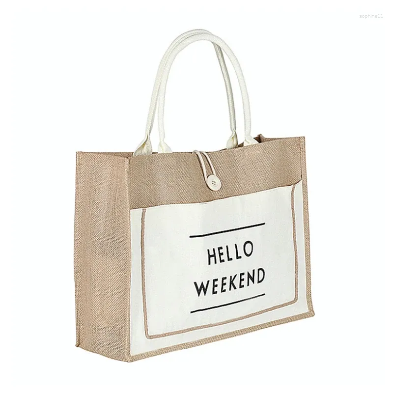 Geschenkpapier, 100 Stück/Lot, individuelles Logo, Strand-Einkaufstasche für Damen, umweltfreundlich, langlebig, für Lebensmittel, Werbeeinkauf, Sackleinen-Handtasche mit Taschen