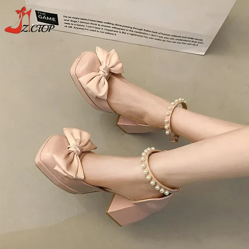 Pink Bowknot High Heels Platform Pump 2024 Summer Fashion Sweet Square Toe Y Sandals Party Wedding Shoes Ladies 240327