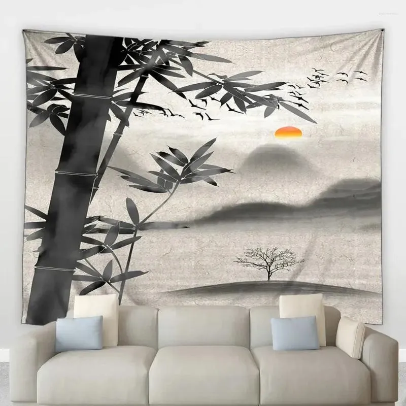 Tapestries Tapestry Chinese Landscape Lake Plant Leafs Bamboo Ink Painting Wall Hanging Background Cloth Beach Towel Yoga Mat Home Decor