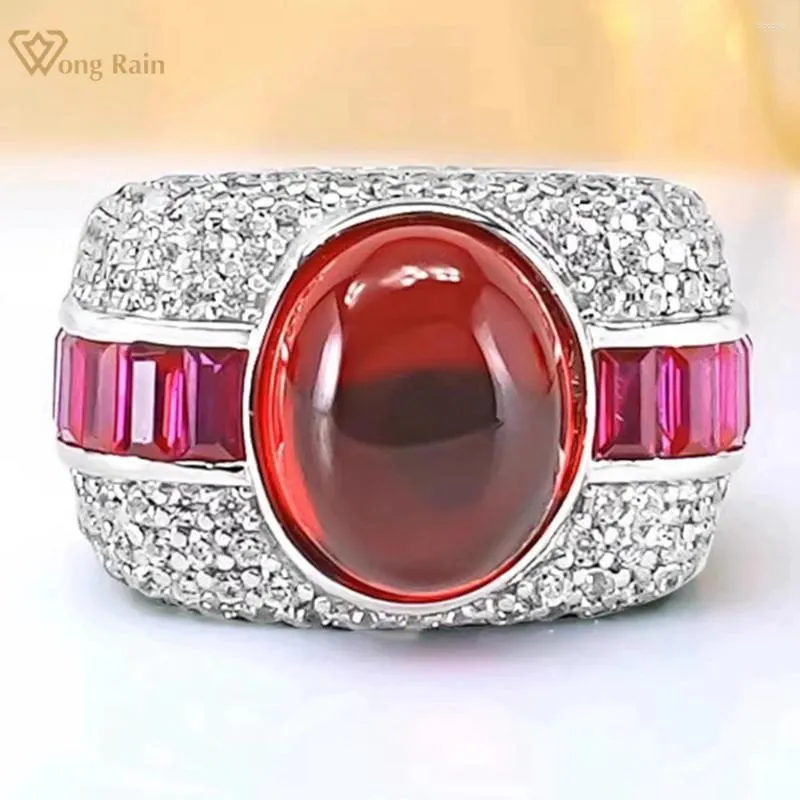 Bagues de cluster Wong Rain 925 Sterling Silver Ovale 8 CT Ruby High Carbon Diamond Gemstone Cocktail Bague pour femmes Cadeaux d'anniversaire Bijoux