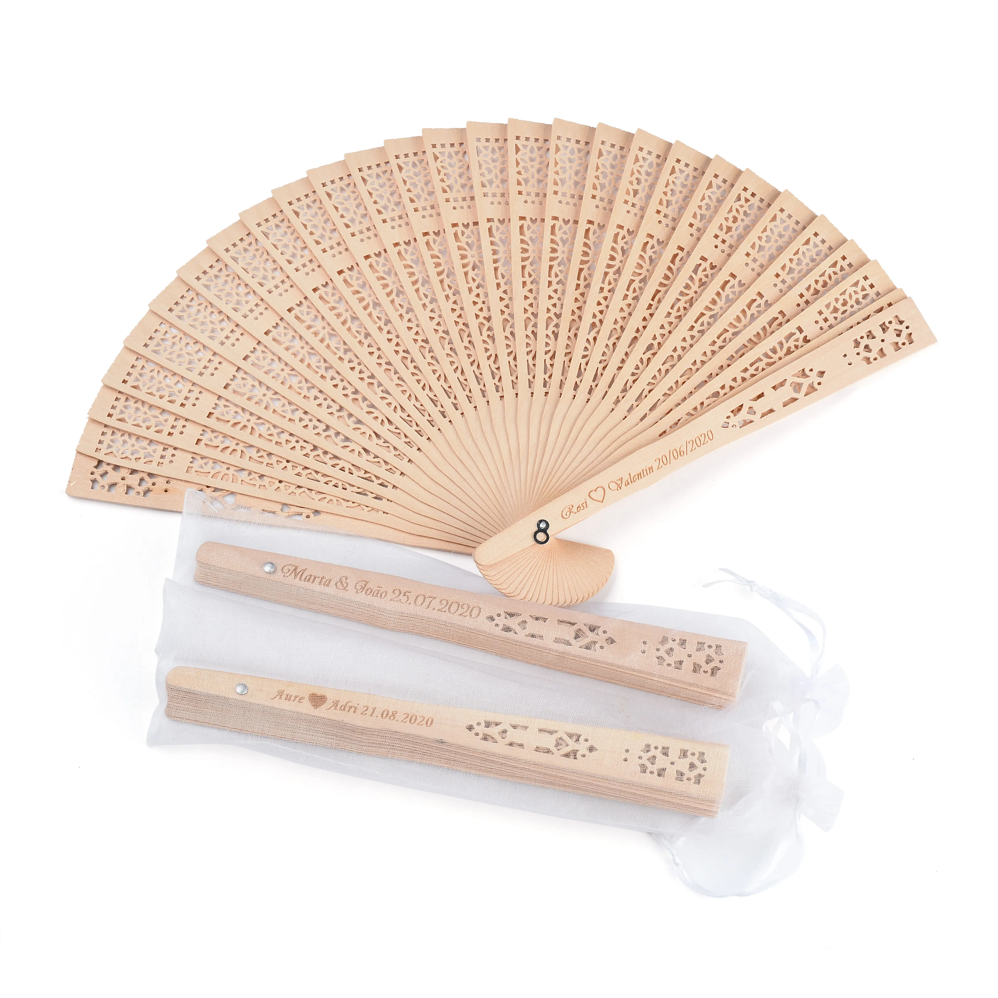 50pcs Personnalisé en bois gravé pliant de la main de mariage Personnalité de mariage Personnalité fans anniversaire de décoration de fête de fête personnalisée Cadeaux pour invité