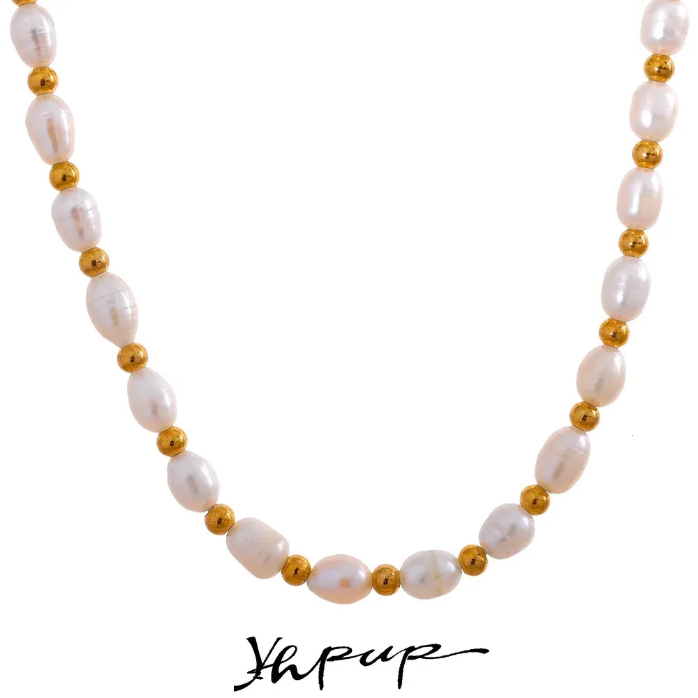 Yhpup Natural Freshwater Pearls Stainless Steel Beads Waterproof Gold Color Necklace Women Fashion Handmade Jewelry Luxury Gift240327
