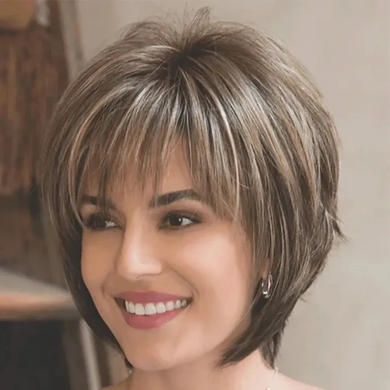Peruki włosy syntetyczne włosy kobieta mieszaj brązowa krótka warstwowa kręcona peruka