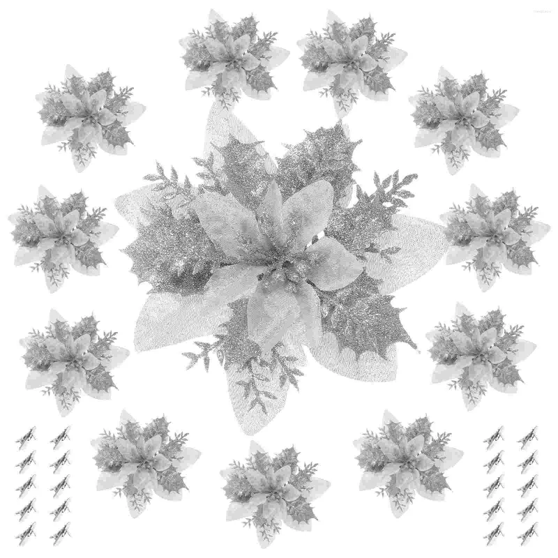 Fleurs décoratives 16 pièces fleur artificielle arbre de noël poudre d'or Poinsettia tissu Faux noël