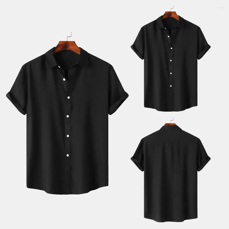 Camisas casuais masculinas cor sólida camisa masculina elegante colarinho de lapela verão com design sem costura tecido elástico respirável para escritório