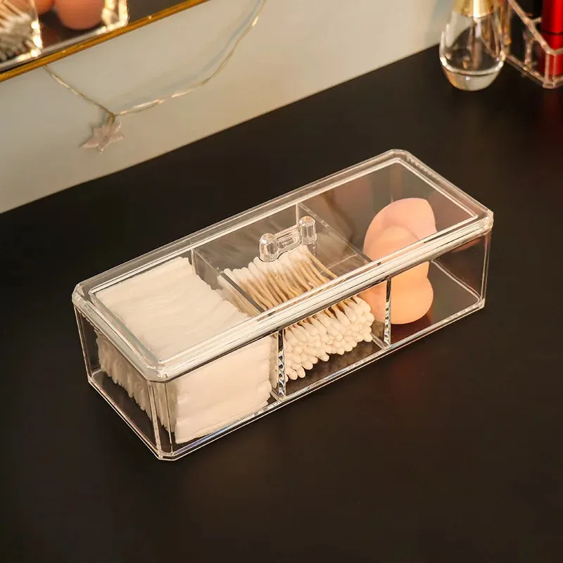 Cotton Pads Holder Organizer 3-Grid Cosmetic Pads Storage Box with Lid Acrylic Makeup Brush Holder Dispenser Transparent Cotton