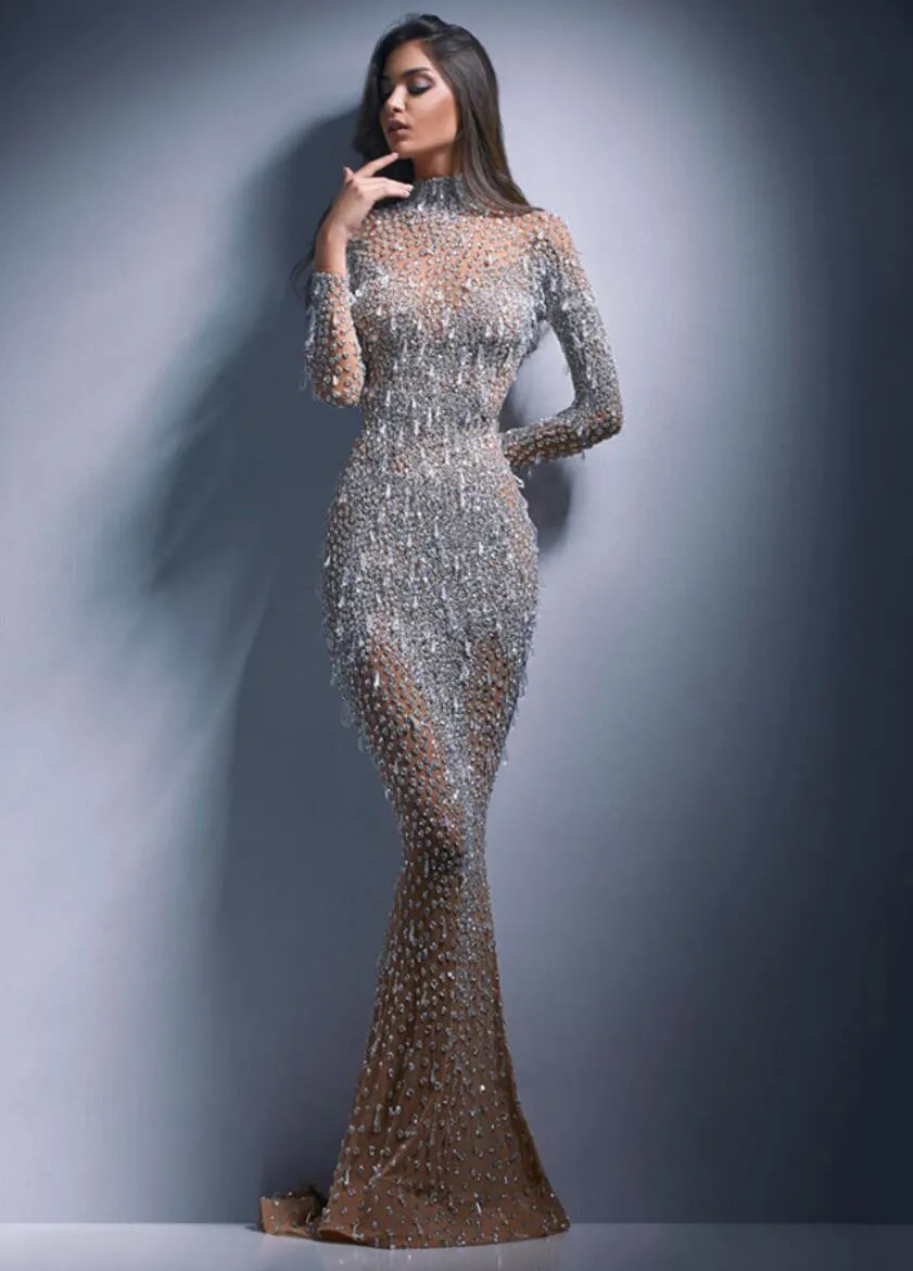 slim fit dress slacks Gold Sequin Mock Neck Sheer Sleeve Mermaid Long Prom Dress