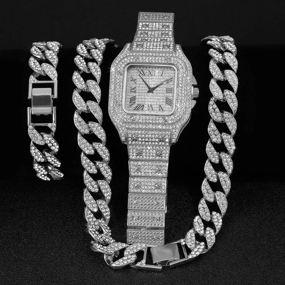 Colliers Hip Hop 15 mm 2pcs Kit montre + collier + bracelet bling cristal aaa + glacée chaîne cubaine chaînes de strass pour femmes bijoux