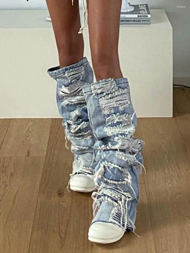 Damen-Jeans, modisch, unter dem Knie, Socken, zerrissene Denim-Ärmel, für Sommer-Motto-Partystrümpfe, Streetwear