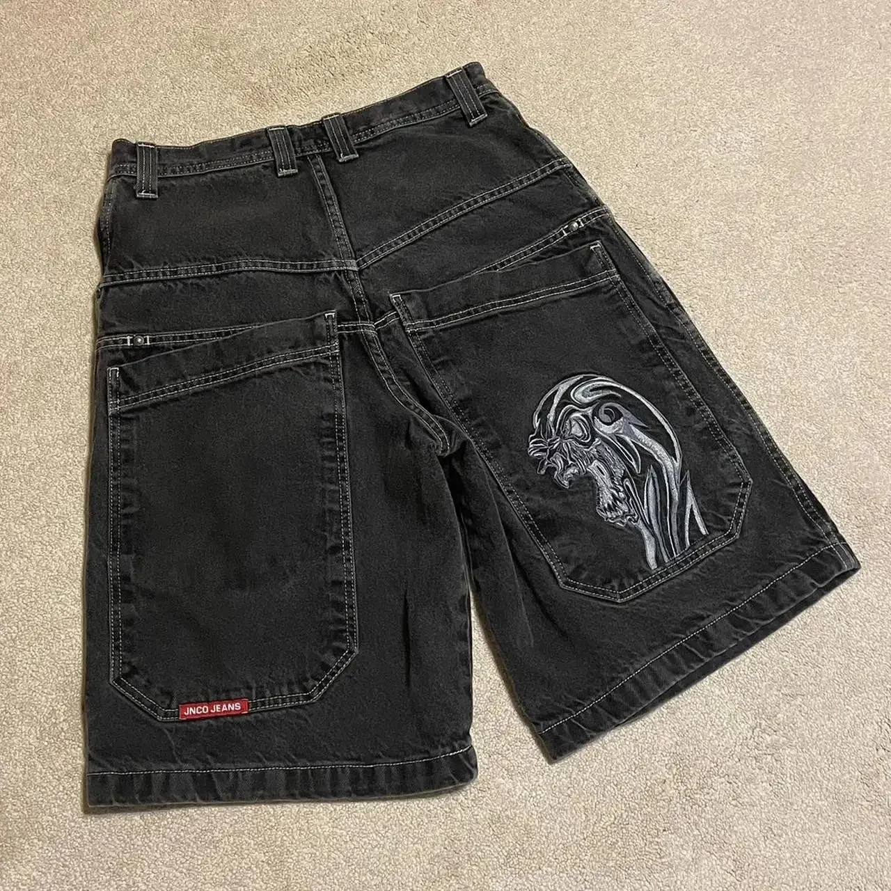 パンツ LGB sky white biker cut-off denim Y2K White Tiger-Embroidered Y2K Jnco Baggy Jeans Shorts: Loose