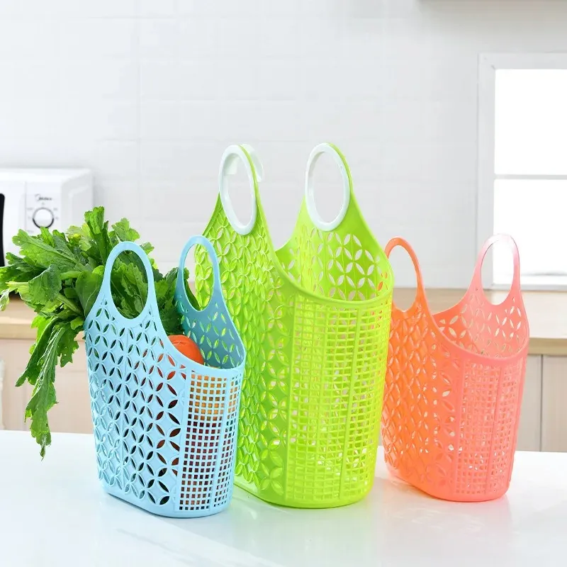 Panier à main en plastique, articles de toilette, rangement de bain, panier à légumes, couleur unie, souple, pliable, résistant aux chutes