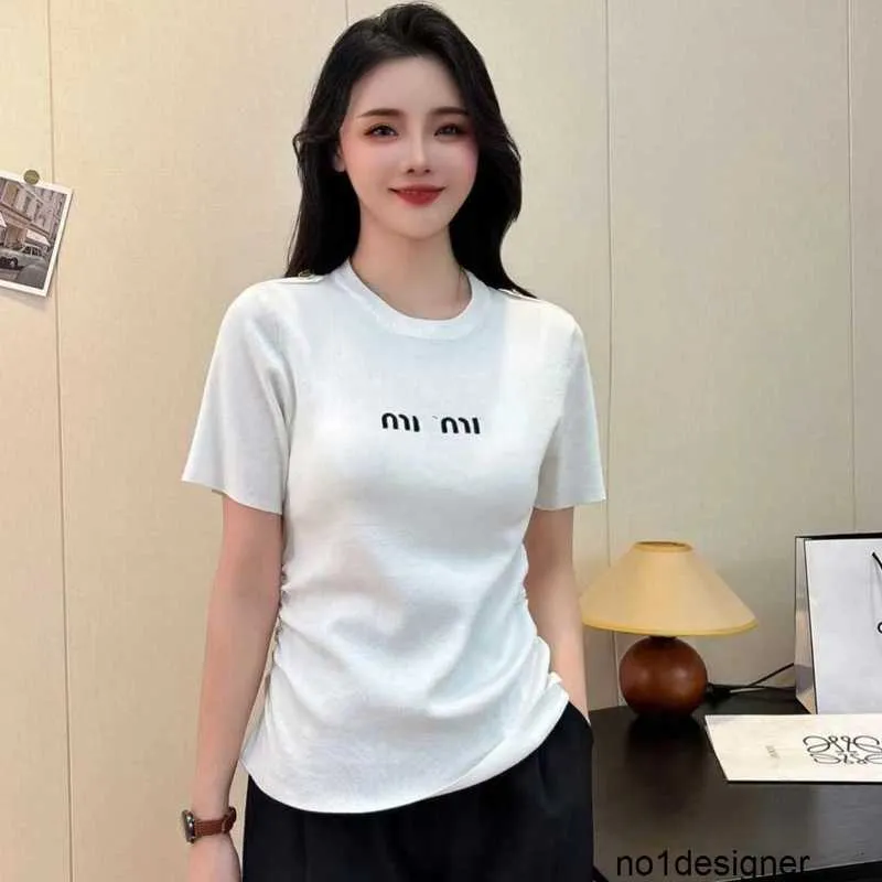 Designer Nanyou High end Miu Short sleeved Summer New Versatile Casual Fashion Letter Embroidered Pleated Button Knitted Short sleeved T-shirt 3Y2A