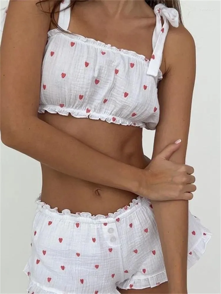 Hemkläder Två stycken Set Womens Summer Loungewear Heart Print TIE-UP CAMI CROP TOPS FRILL SHORTS CASUAL GOTHIC PAJAMA