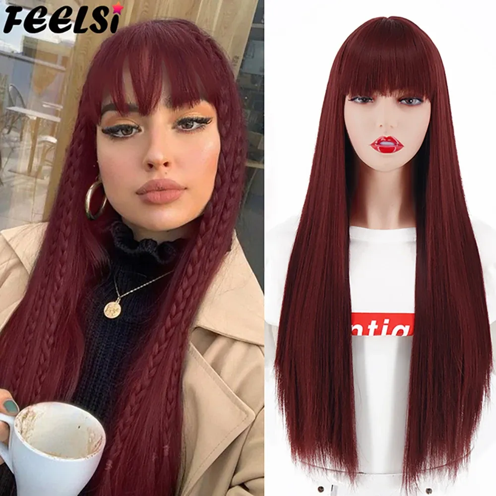 Perruques rouges longs cheveux droits perruque droite ont une frange de Noël rouge orange rose noir halloween cosplay pour femmes perruques naturelles