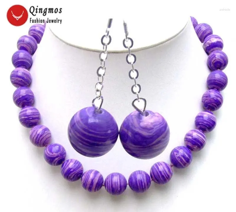 Qingmos – ensemble de collier et boucles d'oreilles en Agates rondes à rayures violettes claires de 14mm, ras de cou de 18 pouces pour femmes avec bijoux pendants