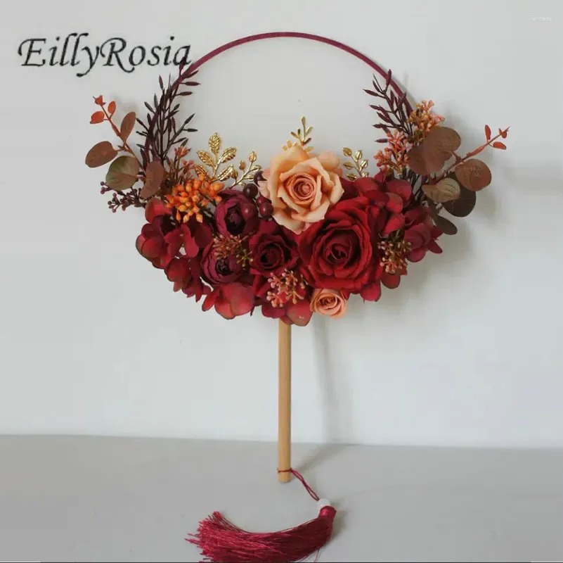 Flores de casamento vermelho escuro buquê de noiva fã estilo chinês vintage artificial falso elegante acessório de borla