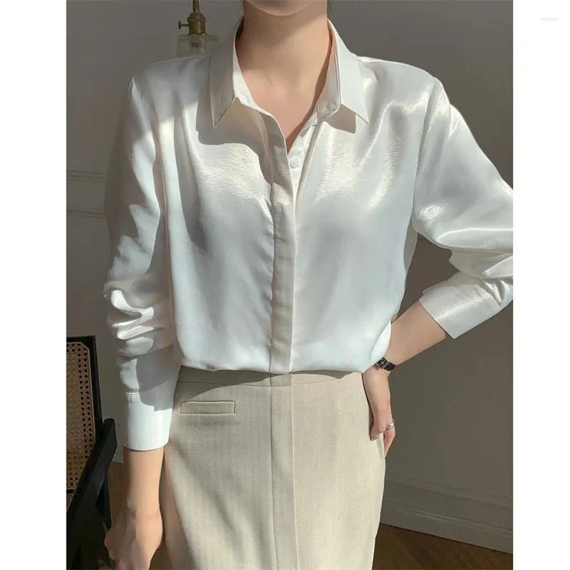 Blusas femininas primavera branco imitação de cetim camisas para mulheres coreano elegante turn down colarinho seda escritório senhora blusa botões sólidos até camisa