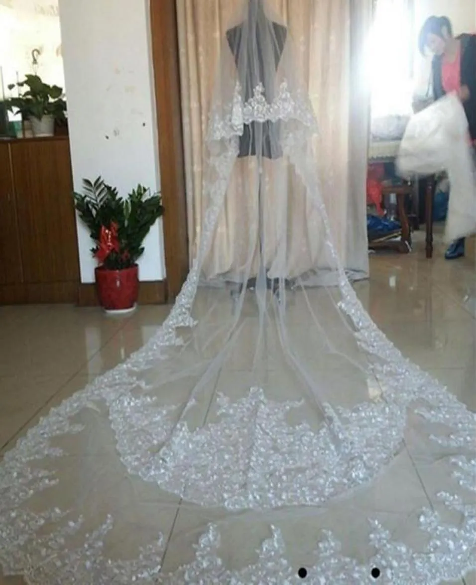 Bridal Veils Real Image Wedding Long Lace Applique Crystals Two Layers Cathedral Length Blusher Veil8340751