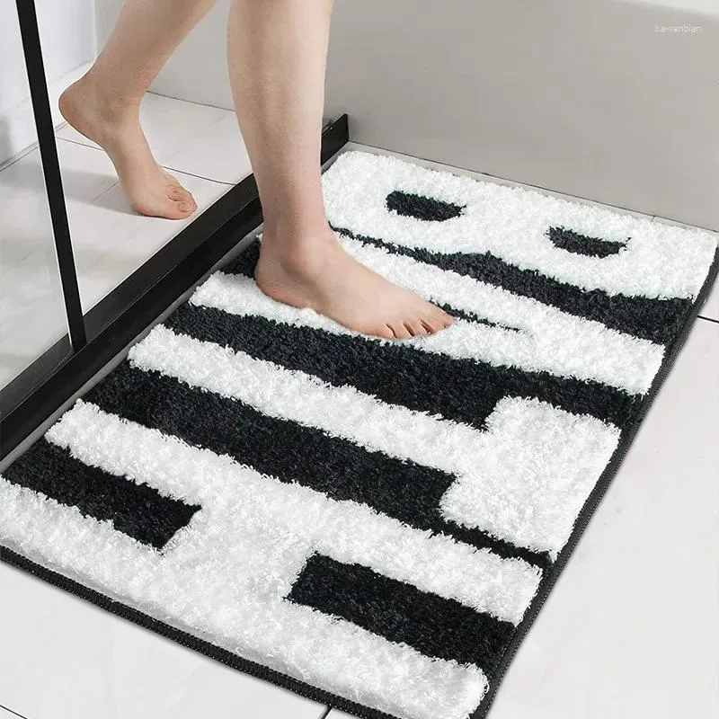 Tapetes de banho preto e branco letras banheiro tapete tapetes absorventes de água antiderrapante máquina feita tufo