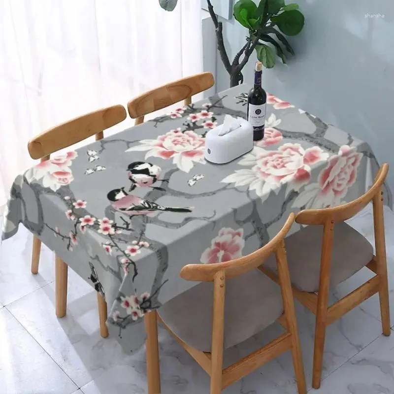 Toalha de mesa retangular montada borboleta chinoiserie pássaros em cinza capa de toalha de mesa à prova de óleo apoiada com borda elástica